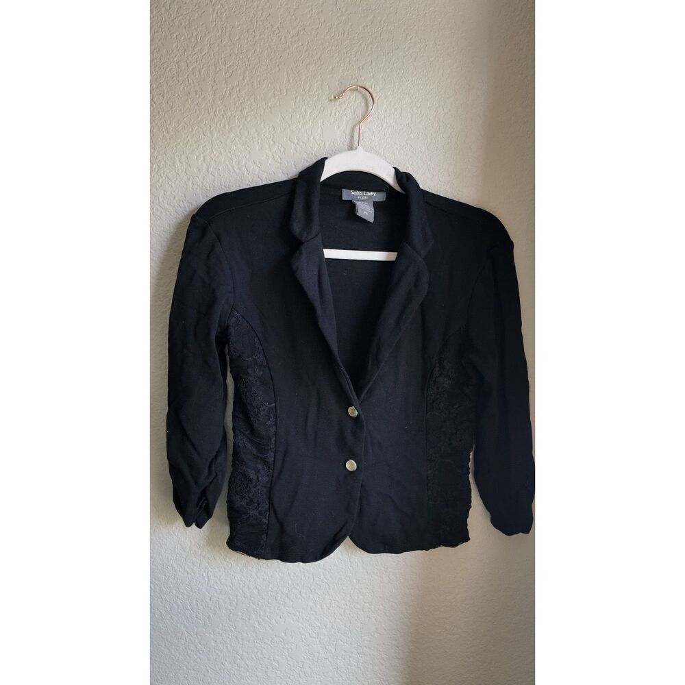 Soho Lady Petite Black Lace Blazer PS Jeweled Buttons Ruched Sleeve Office Siren